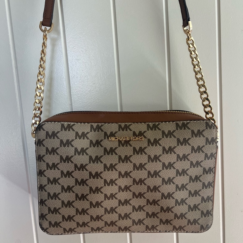 Michael Kors Brown and Tan Crossbody Bag with Gold Chain
